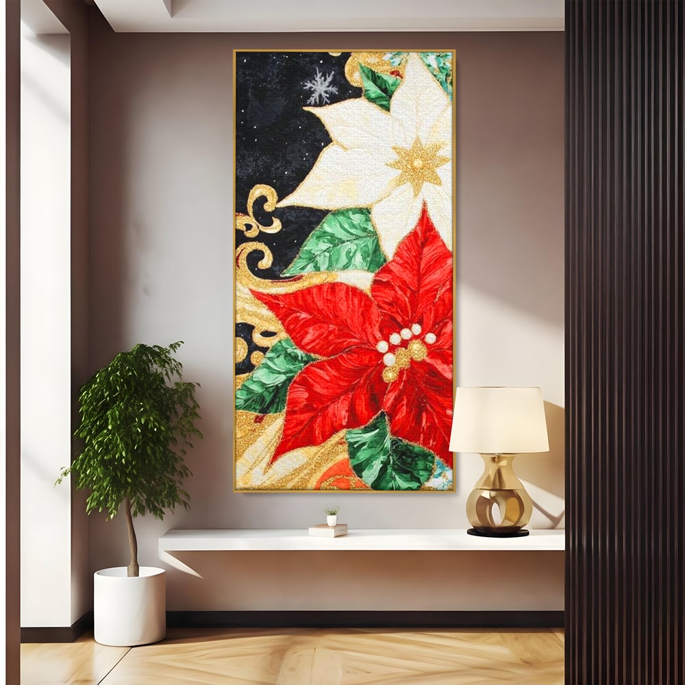 Tablou canvas cu tablou canvas cu craciunite rosii si albe, in rama de aluminiu auriu